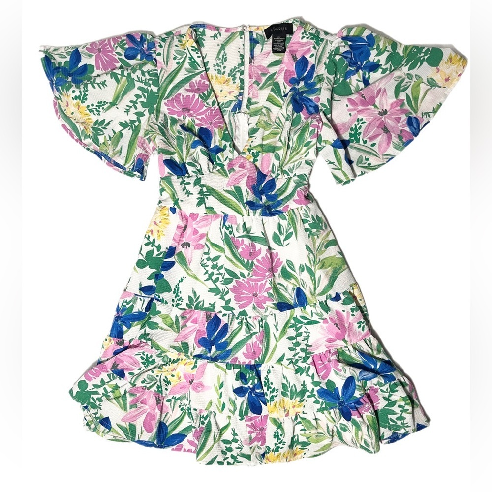 B DARLIN Floral Ruffle Pleated Textured Flutter Sleeve Size 9/10 - Picture 5 of 9